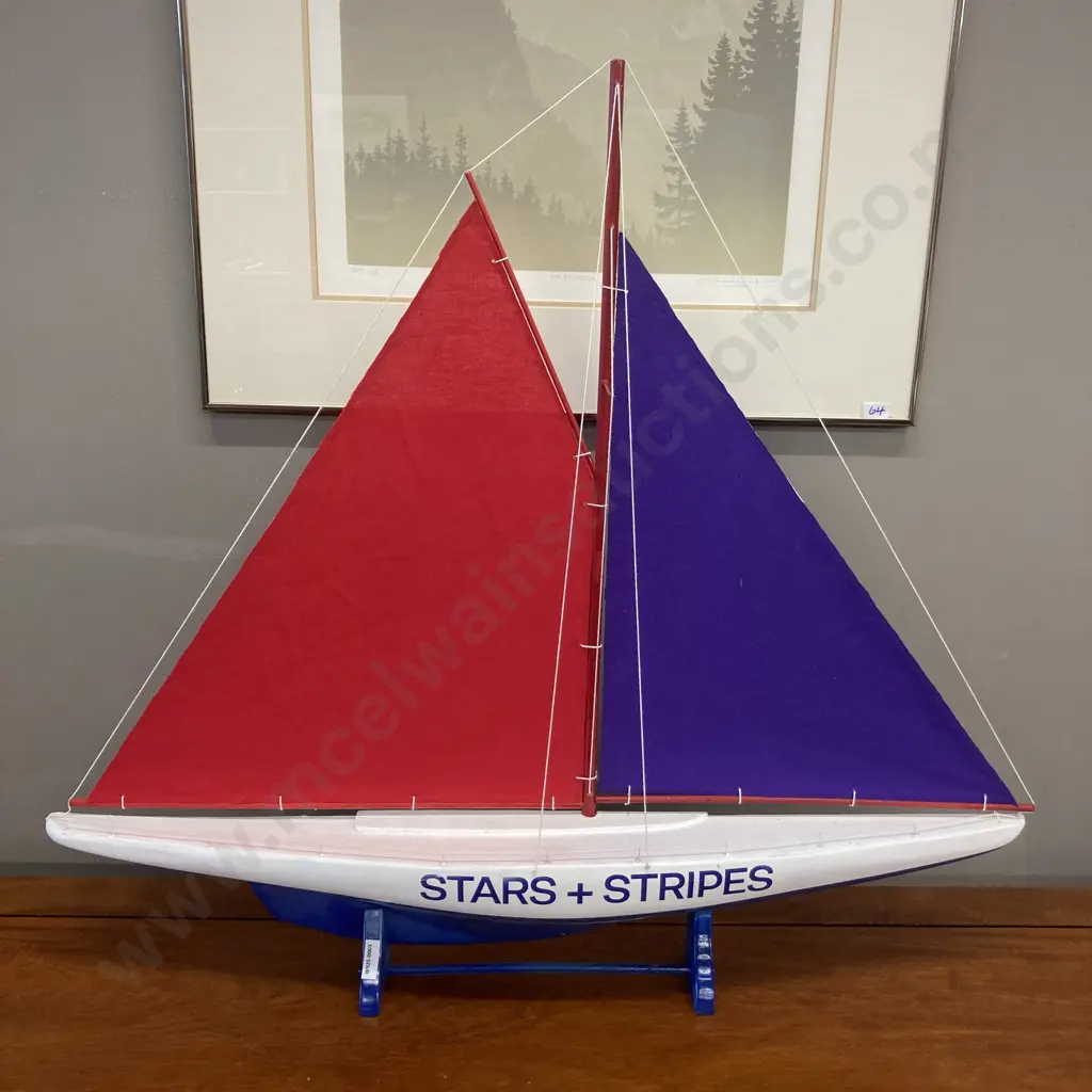 Stars + Stripes Handmade Wooden Half Hull Freestanding Sail Boat Model, White / Red / Purple. 74 x 81cm Image 1++
